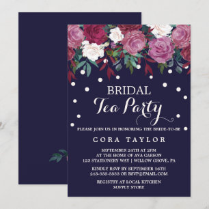 Marsala & Burgundy Floral on Navy Bridal Tea Party Invitation