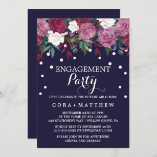 Marsala & Burgundy Floral on Navy Engagement Party Invitation