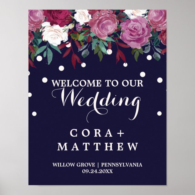 Marsala & Burgundy Floral on Navy Wedding Welcome Poster (Front)