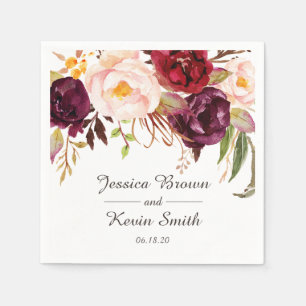 Marsala Burgundy Floral Personalised Wedding Napkin