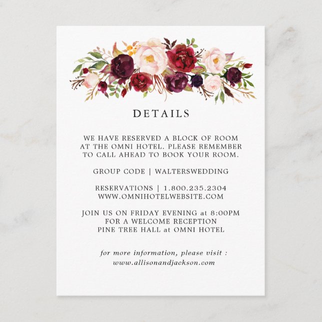 Marsala Burgundy Floral Wedding Details Cards (Front)