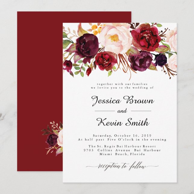 Marsala Burgundy Floral Wedding Invitation-2 Invitation (Front/Back)
