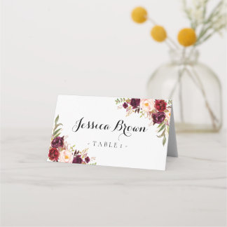 Marsala Burgundy Floral Wedding Place Card