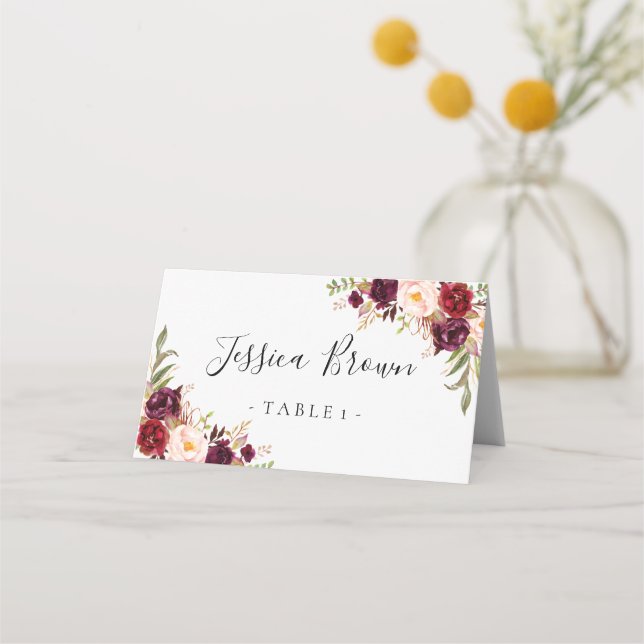 Marsala Burgundy Floral Wedding Place Card (Front)