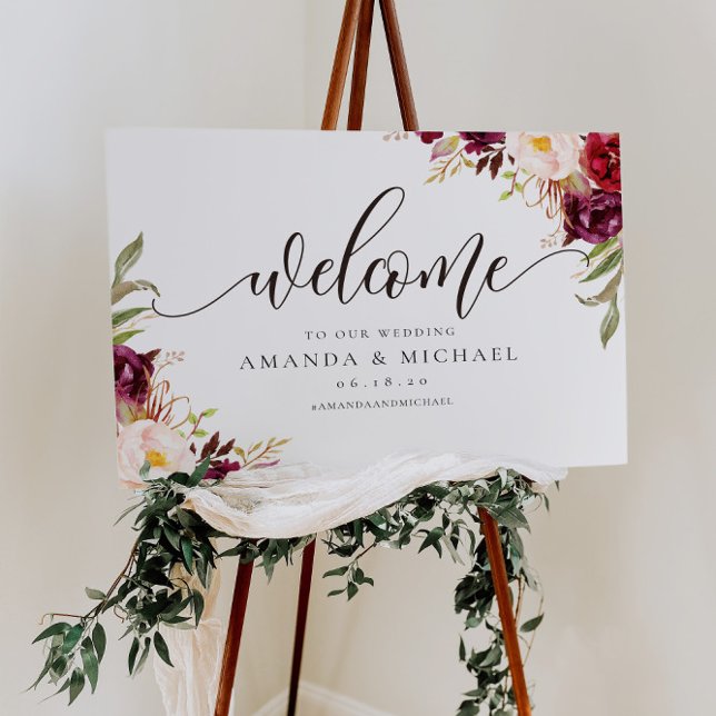 Marsala burgundy Floral Welcome Wedding Sign (Creator Uploaded)