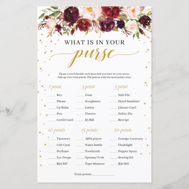 Marsala burgundy floral what is in your purse game (Front)