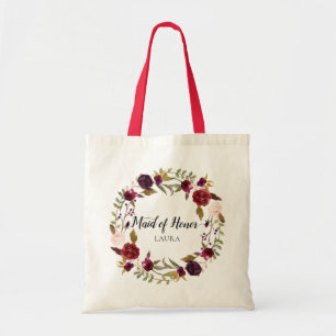 Marsala Burgundy Floral Wreath Maid of Honour Tote Bag