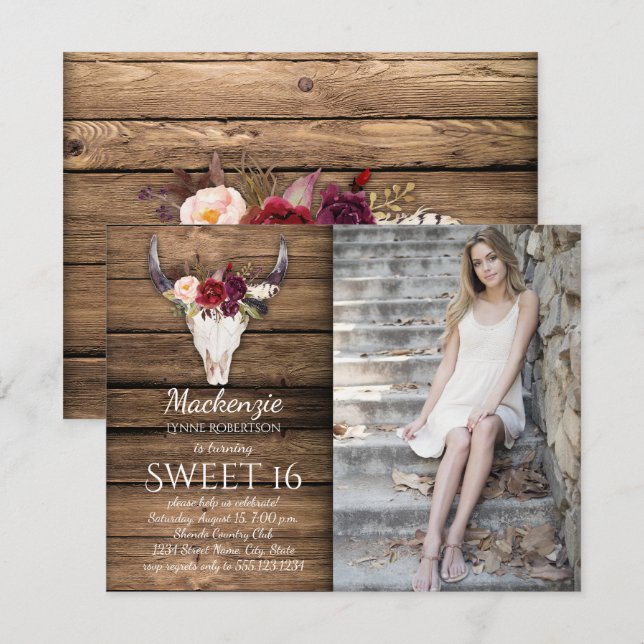 Marsala Burgundy Flowers Cow Skull Photo Sweet 16 Invitation (Front/Back)