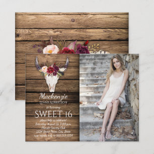 Marsala Burgundy Flowers Cow Skull Photo Sweet 16 Invitation