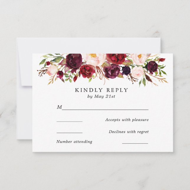 Marsala Burgundy Flowers Wedding RSVP Card (Front)