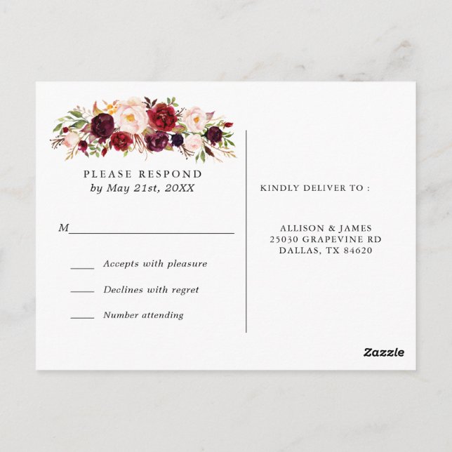 Marsala Burgundy Flowers Wedding RSVP Postcard (Back)