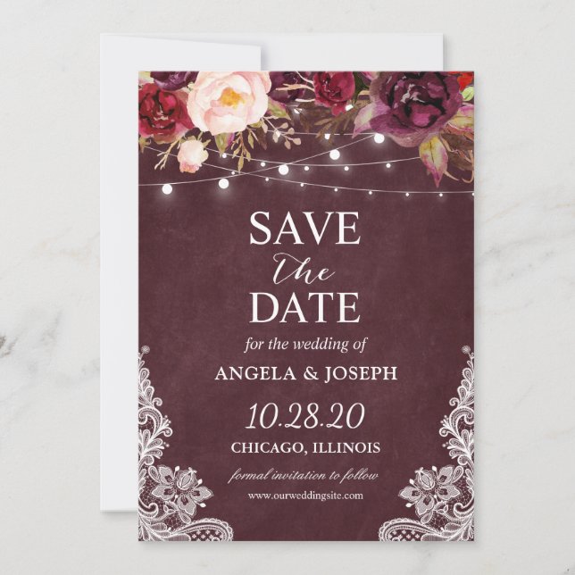Marsala Burgundy Lace Floral String Lights Wedding Save The Date (Front)