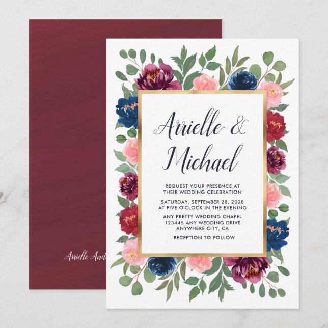 Marsala Burgundy Navy Blue Gold Blush Fall Wedding Invitation (Front/Back)