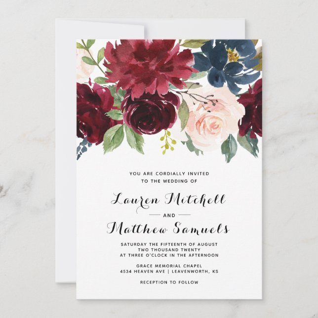 Marsala Burgundy Navy Wedding Invitation (Front)