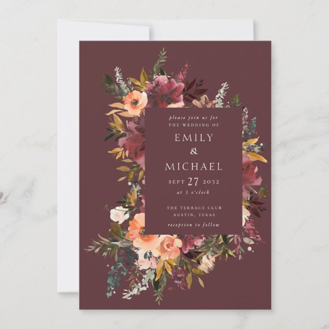 Marsala Burgundy Peach Watercolor Floral Invitation (Front)