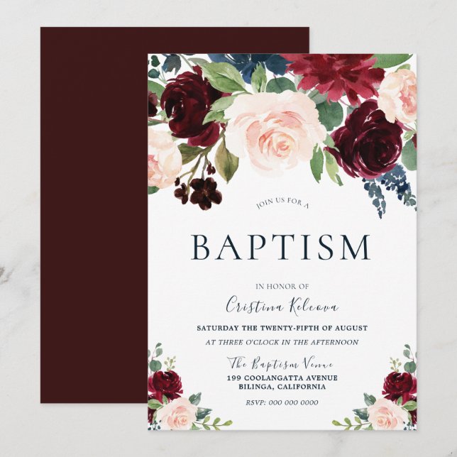 Marsala Burgundy Red Blush Floral Baptism Invitation (Front/Back)