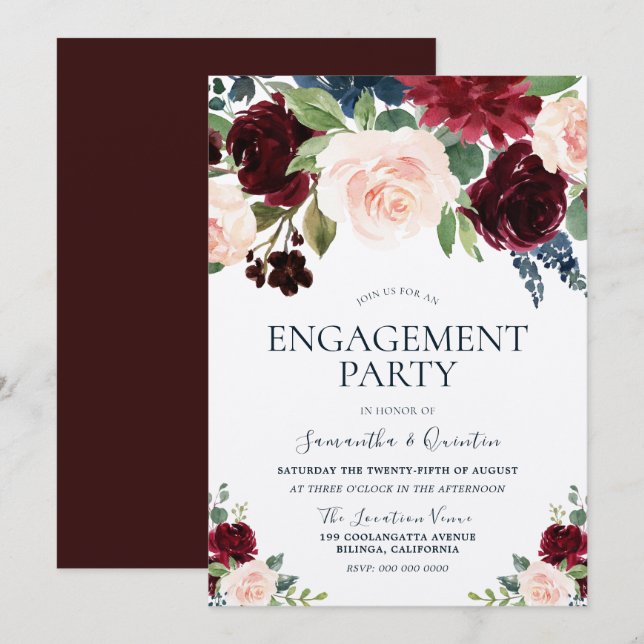 Marsala Burgundy Red Blush Floral Engagement Party Invitation (Front/Back)
