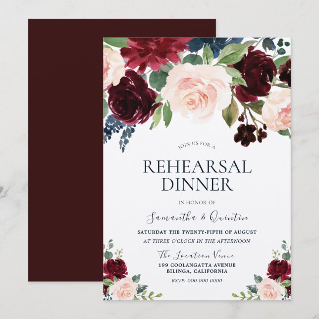 Marsala Burgundy Red Blush Floral Rehearsal Dinner Invitation (Front/Back)