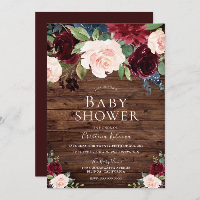 Marsala Burgundy Red & Blush Rustic Baby Shower Invitation (Front/Back)