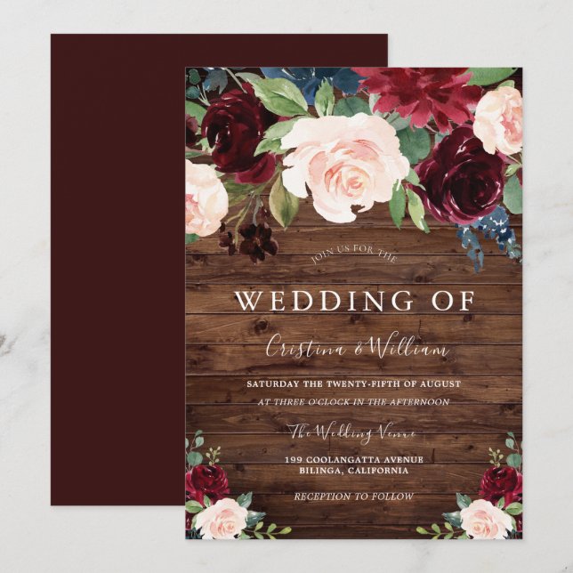 Marsala Burgundy Red & Blush Rustic Wedding Invitation (Front/Back)