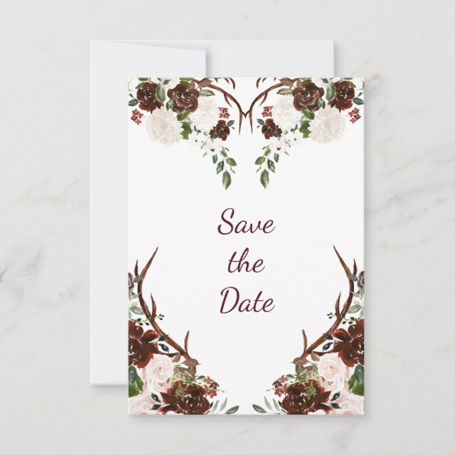 Marsala Burgundy Red Boho Antlers Photo Save The Date (Front)