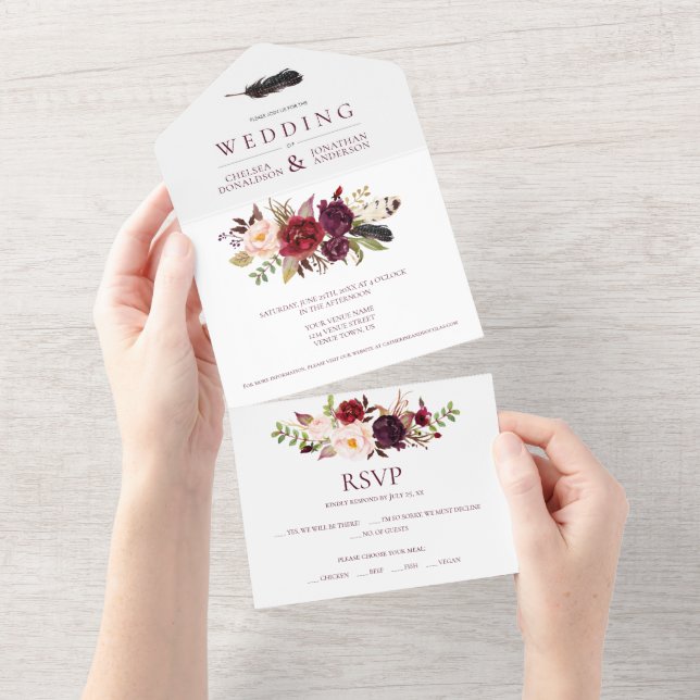 Marsala Burgundy Red Boho Floral | All In One Invitation (Tearaway)