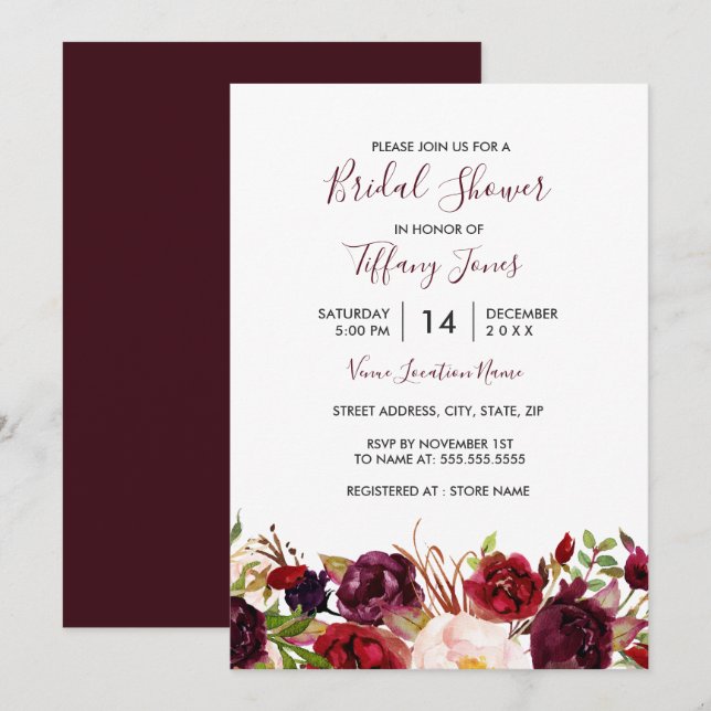 Marsala Burgundy Red Floral Bridal Shower Invitation (Front/Back)