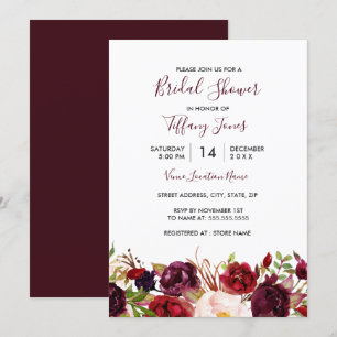 Marsala Burgundy Red Floral Bridal Shower Invitation