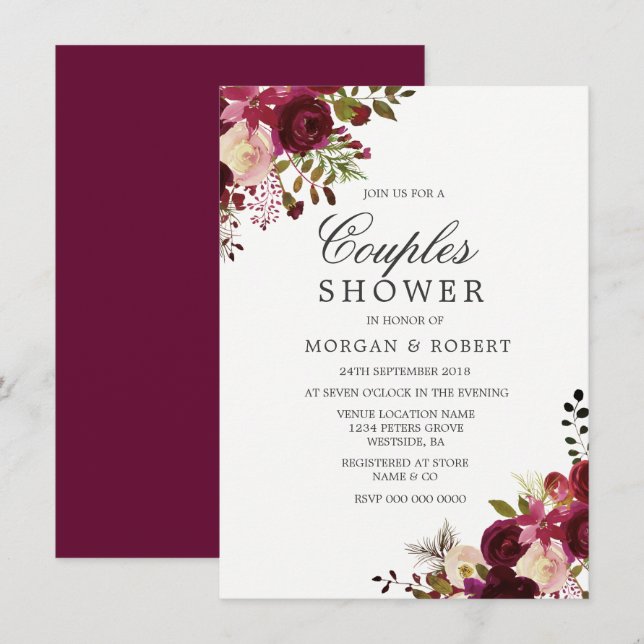 Marsala Burgundy Red Floral Couples Shower Invite (Front/Back)