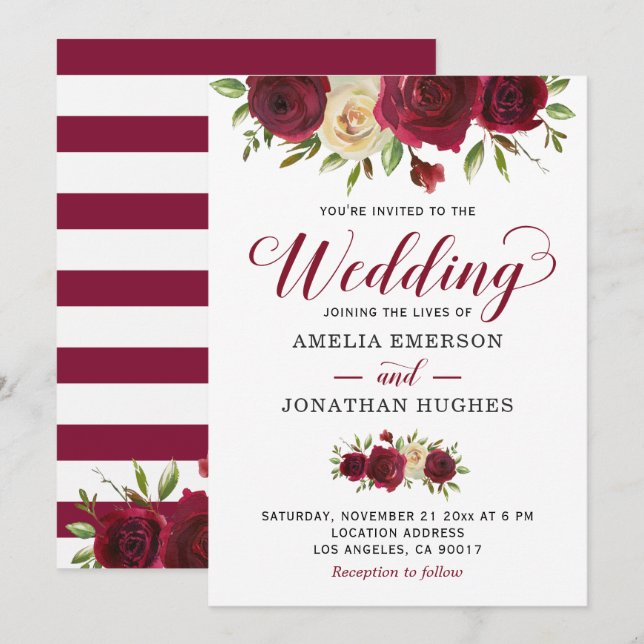 Marsala Burgundy Red Floral Fall Winter Wedding Invitation (Front/Back)