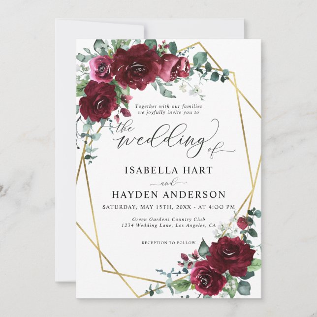 Marsala Burgundy Red Floral Gold Frame Wedding Invitation (Front)
