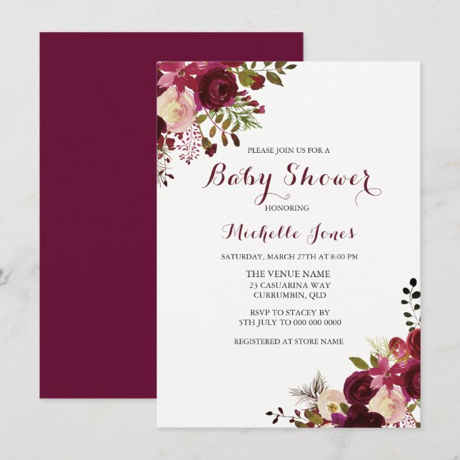 Marsala Burgundy Red Floral Spring Baby Shower Invitation (Front/Back)