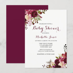 Marsala Burgundy Red Floral Spring Baby Shower Invitation