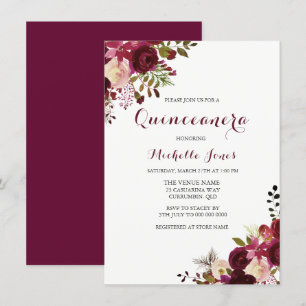Marsala Burgundy Red Floral Spring Quinceanera Invitation