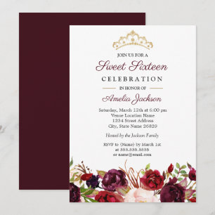 Marsala Burgundy Red Floral Sweet 16 Invitation