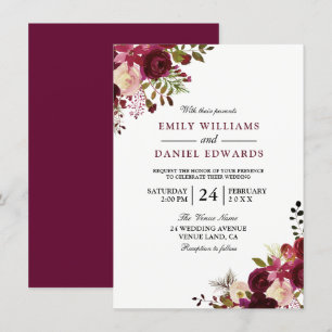 Marsala Burgundy Red Floral Wedding Invitation