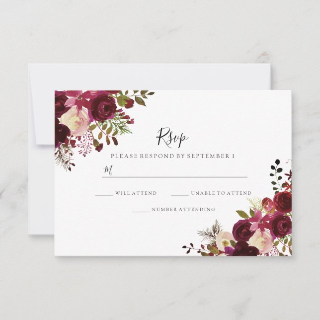 Marsala Burgundy Red Floral Wedding RSVP Card (Front)