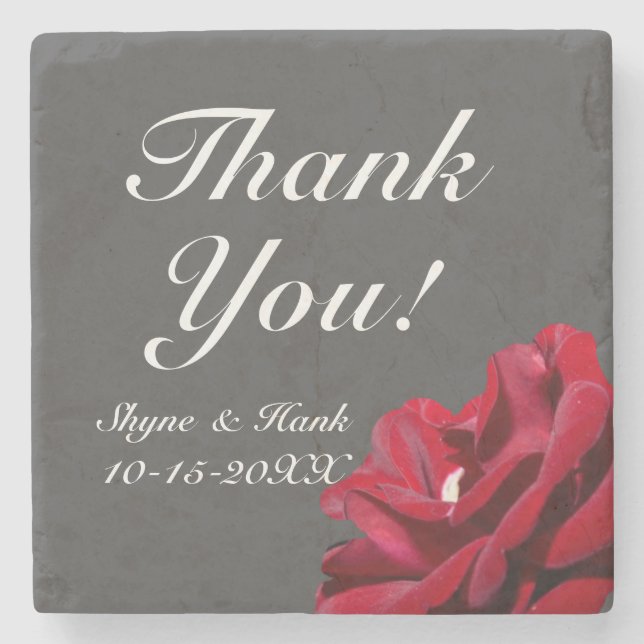 Marsala Burgundy Red Floral Wedding Thank You Stone Coaster (Front)