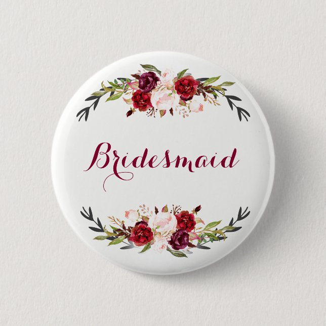 marsala burgundy red pink floral bridesmaid 6 cm round badge (Front)
