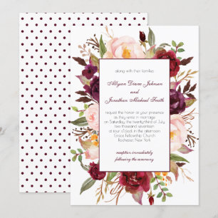 Marsala Burgundy Red White Roses Wedding Invite