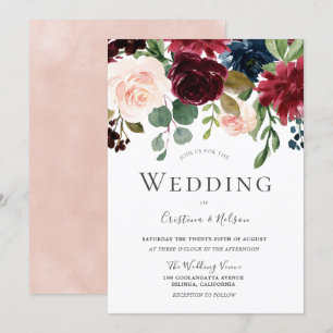 Marsala Burgundy Red Wine Blush Floral Wedding Invitation