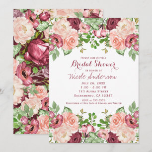 Marsala Burgundy Rustic Floral Glam Bridal Shower Invitation