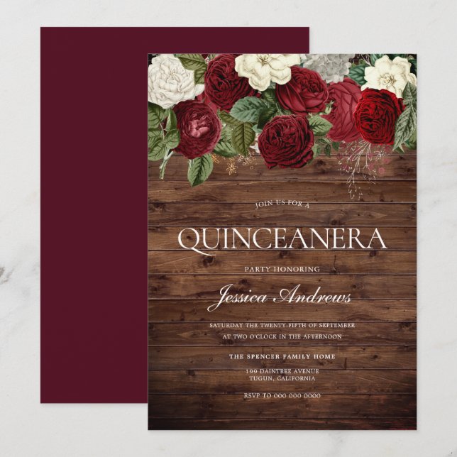 Marsala Burgundy Rustic Red Rose Quinceanera Party Invitation (Front/Back)