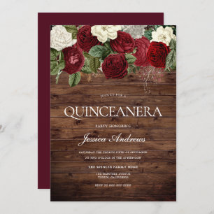 Marsala Burgundy Rustic Red Rose Quinceanera Party Invitation