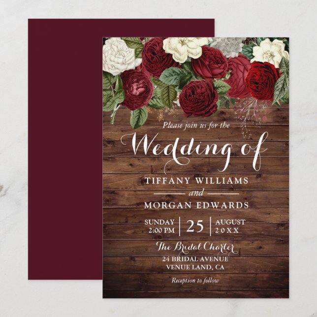 Marsala Burgundy Rustic Red Roses Wedding Invitation (Front/Back)