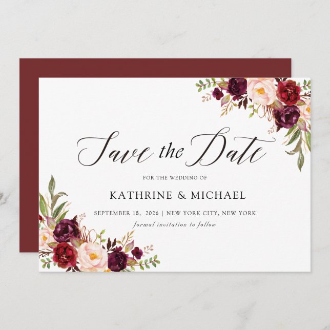 Marsala Burgundy Save the Date Invitation (Front/Back)