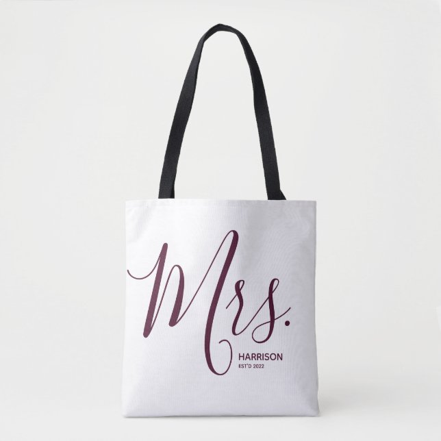 Marsala Burgundy Script White Personalised Mrs. Tote Bag (Front)