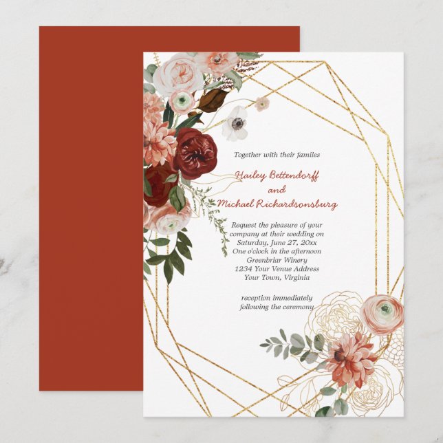 Marsala Burgundy Triple Gold Frame Floral Wedding Invitation (Front/Back)