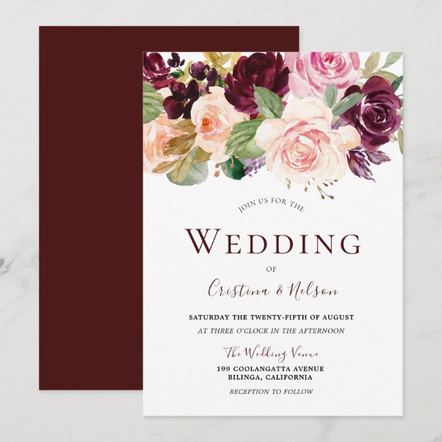 Marsala Burgundy Tropical Floral Wedding Invitation (Front/Back)