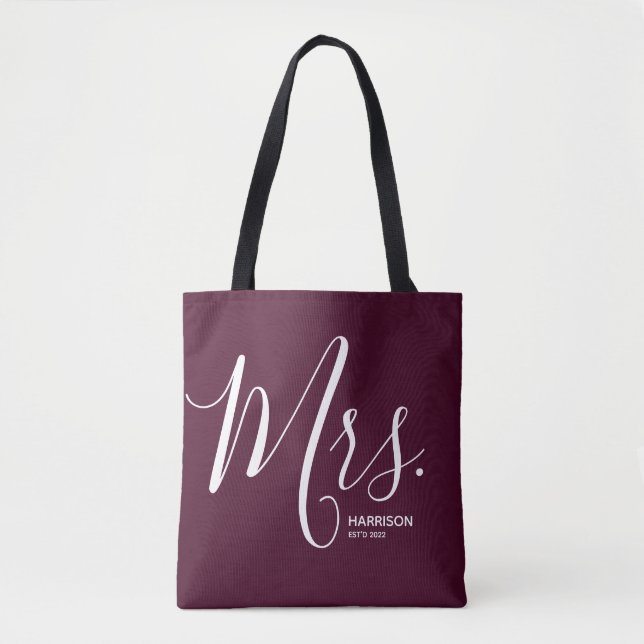 Marsala Burgundy Typography Personalised Mrs. Tote Bag (Front)